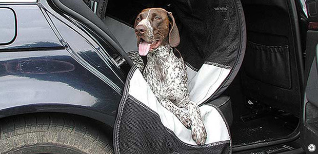 Pet Tube Large in rear of car; a lightweight but super-strong fabric kennel